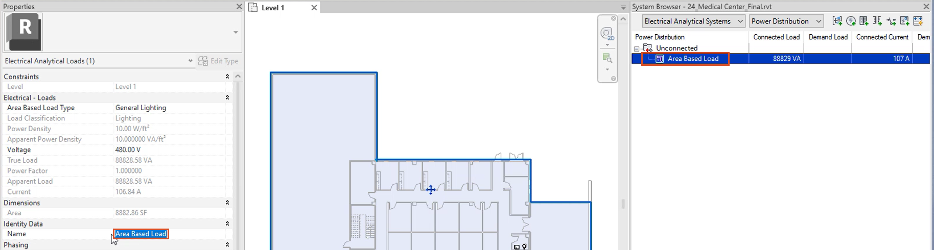 In the drawing, the area-based load highlighted, and in the System Browser and Properties palette, the two locations where the load can be renamed highlighted in red.