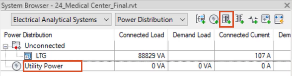 In the System Browser, Utility Power highlighted in red, and in the toolbar, Add Electrical Analytical Bus highlighted in red.