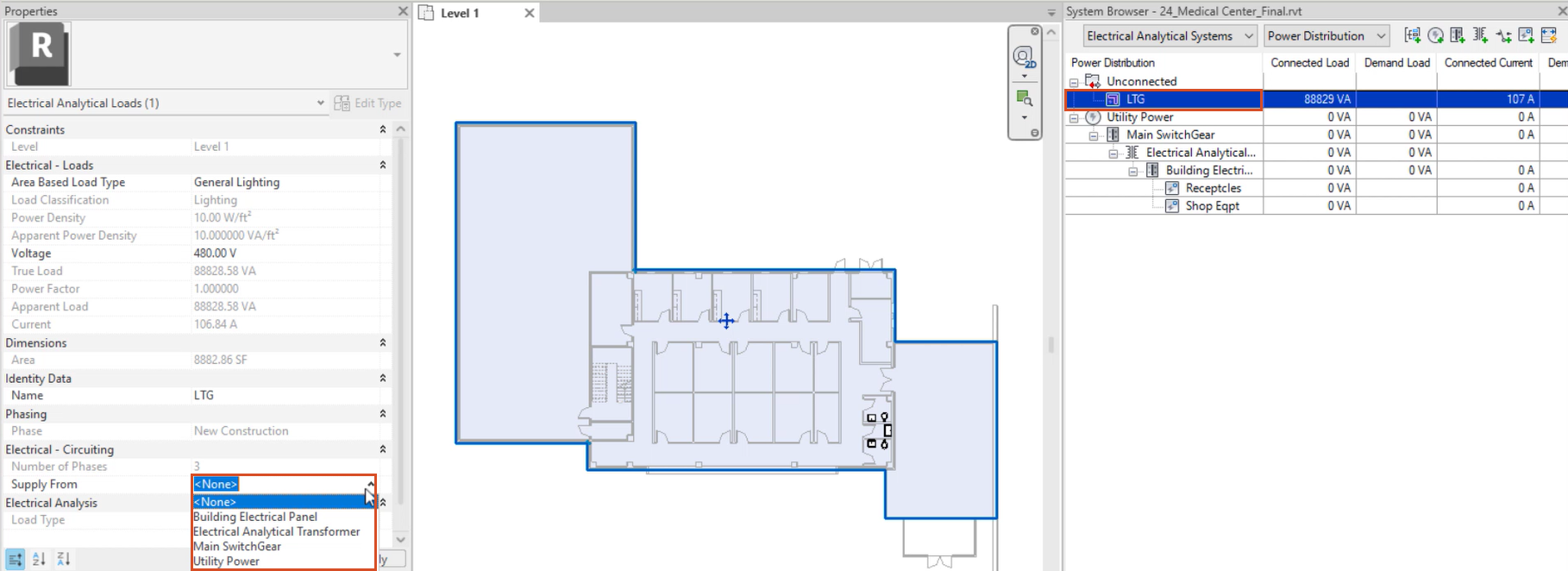 In the System Browser, the area-based load selected and highlighted in red, and in the Properties palette, the Supply From drop-down expanded.