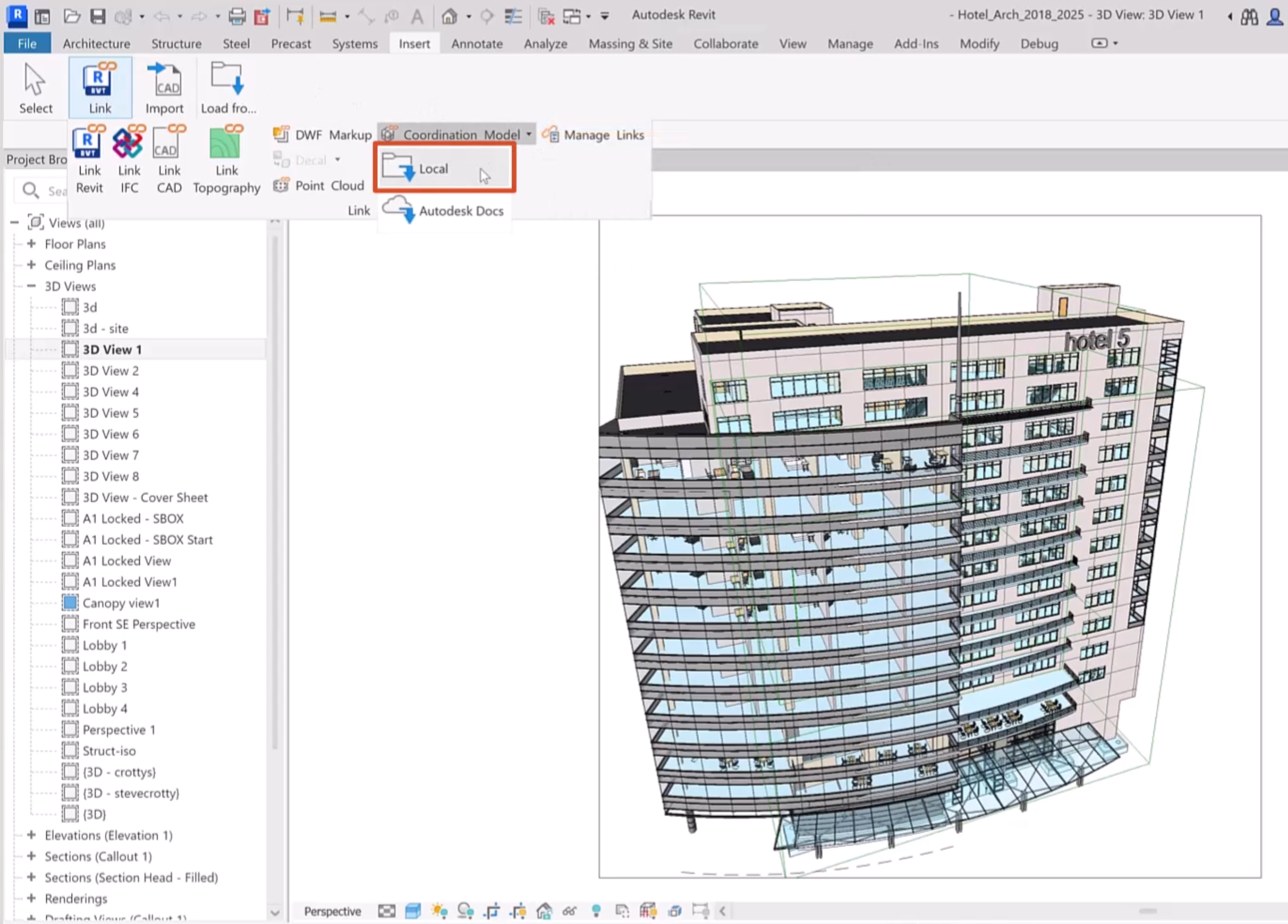 In Revit, a hotel model is open in the drawing area. The Insert ribbon is showing, with the Link panel expanded, and in the Coordination model drop-down, Local selected and highlighted in red.