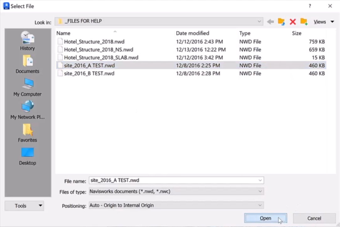 The Select file dialog box, showing the .nwd file for this example highlighted, with Open selected.