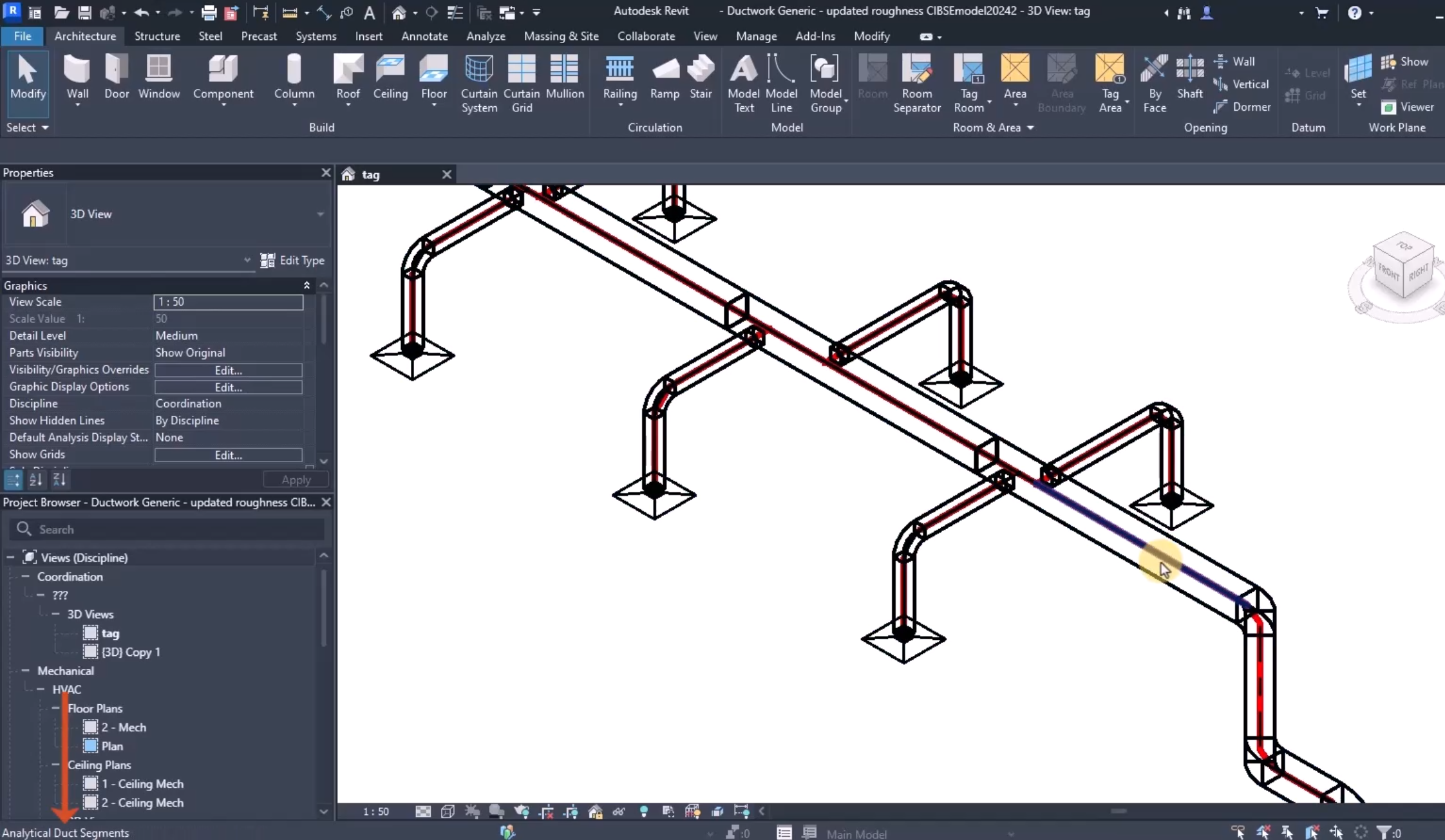 In the Revit interface, the pointer is hovering over a duct element in the design, and in the status bar, Analytical Duct Segments is visible and called out with a red arrow.