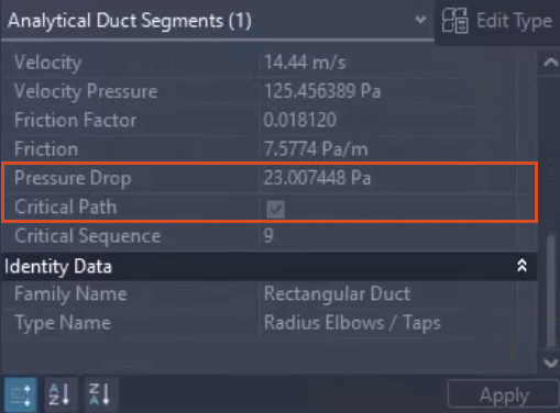 In the Properties palette, the parameters for Analytical Duct Segments are shown, with Pressure Drop and Critical Path highlighted in red.