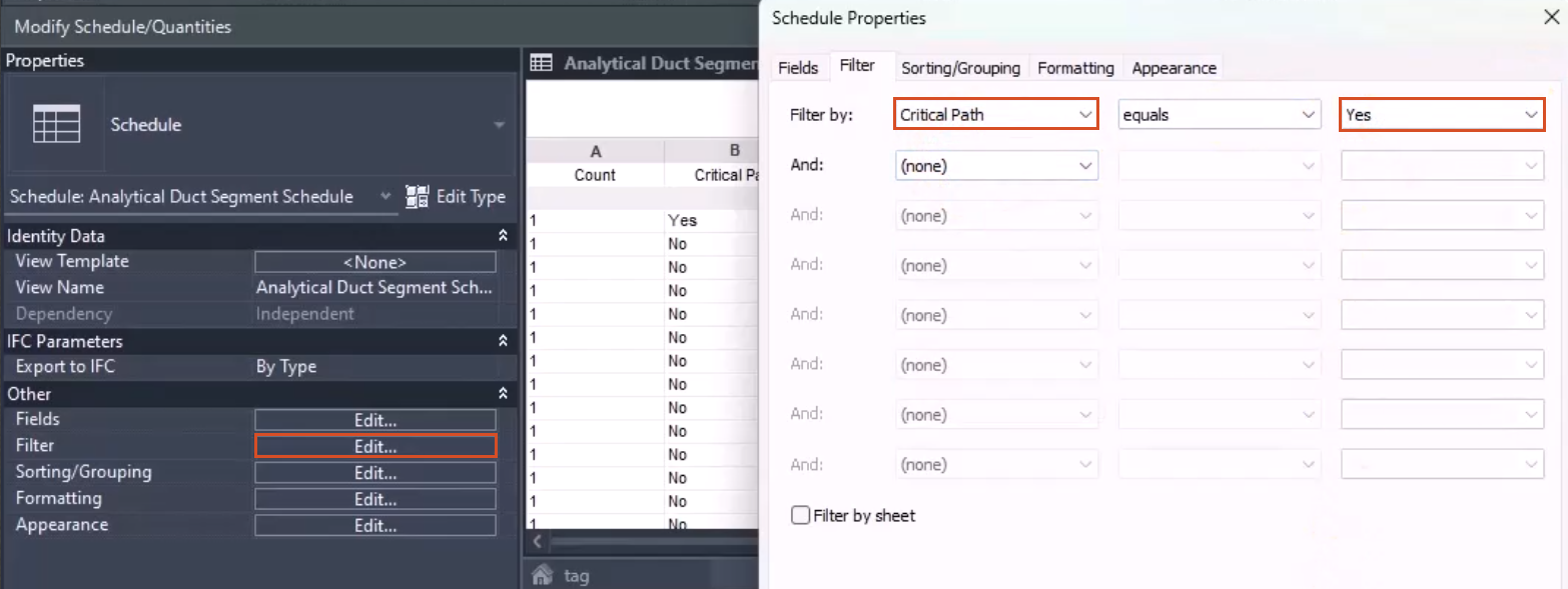 In the Properties palette, the Edit button next to Filter is highlighted in red, and in the Schedule Properties dialog box is open, with the drop-down options set for this example highlighted in red.