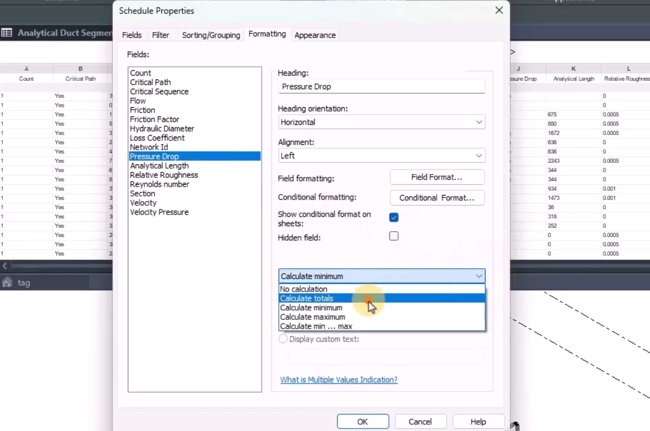 In the Schedule Properties dialog box, under Fields, Pressure Drop is selected, and in the expanded calculation drop-down, Calculate totals is being selected.