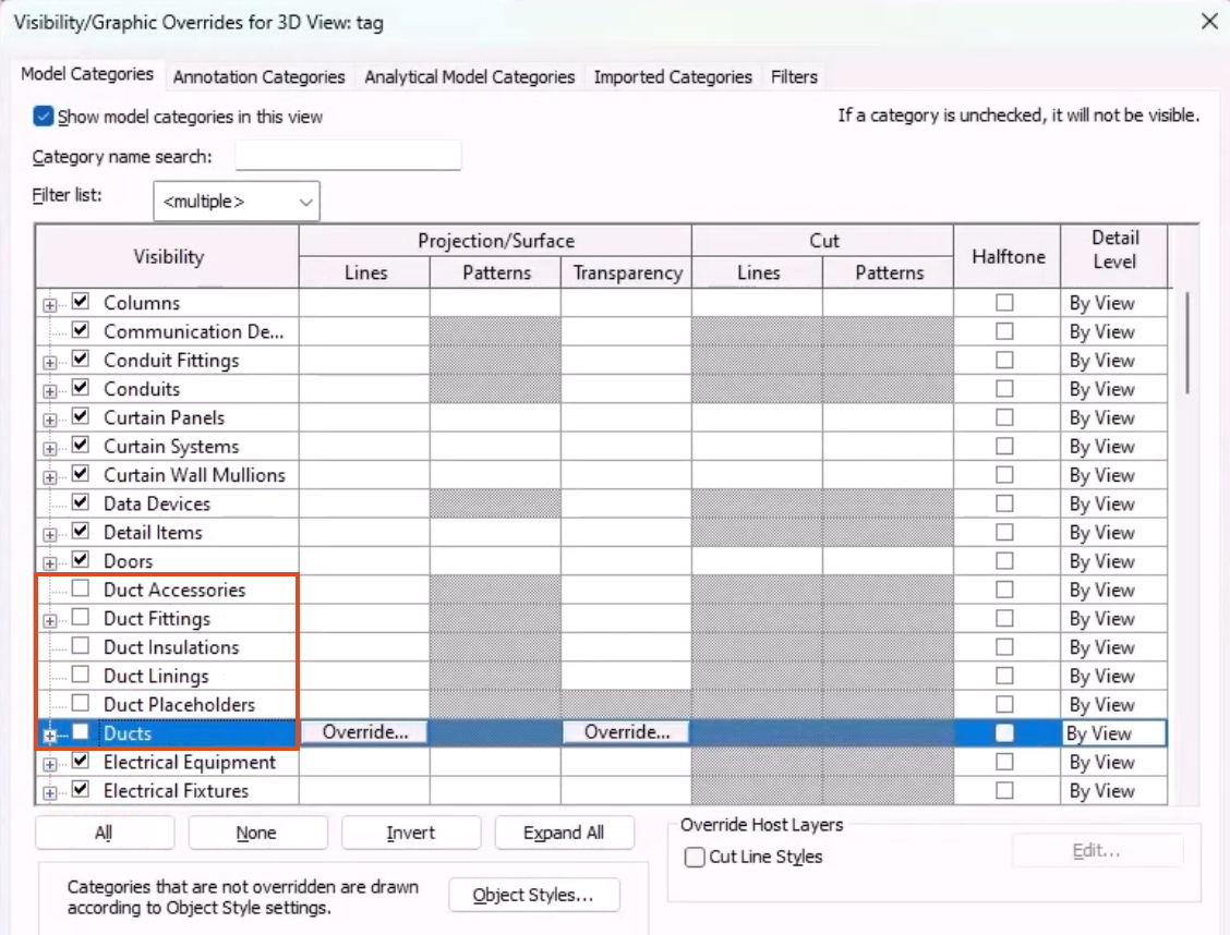 In the Visibility Graphics Overrides for 3D View dialog box, Visibility column, the elements to be hidden are deselected and highlighted in red.