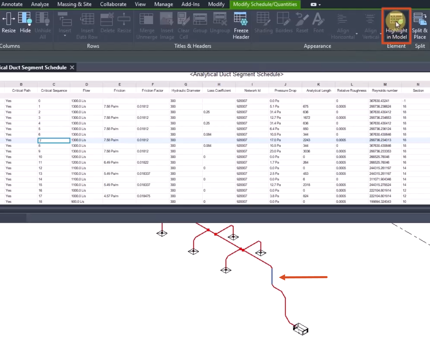 In the schedule, the row for an element is selected. In the ribbon, Element panel, Highlight in Model is being selected. And in the model, the selected element that corresponds with the selected row in the schedule is highlighted and called out.