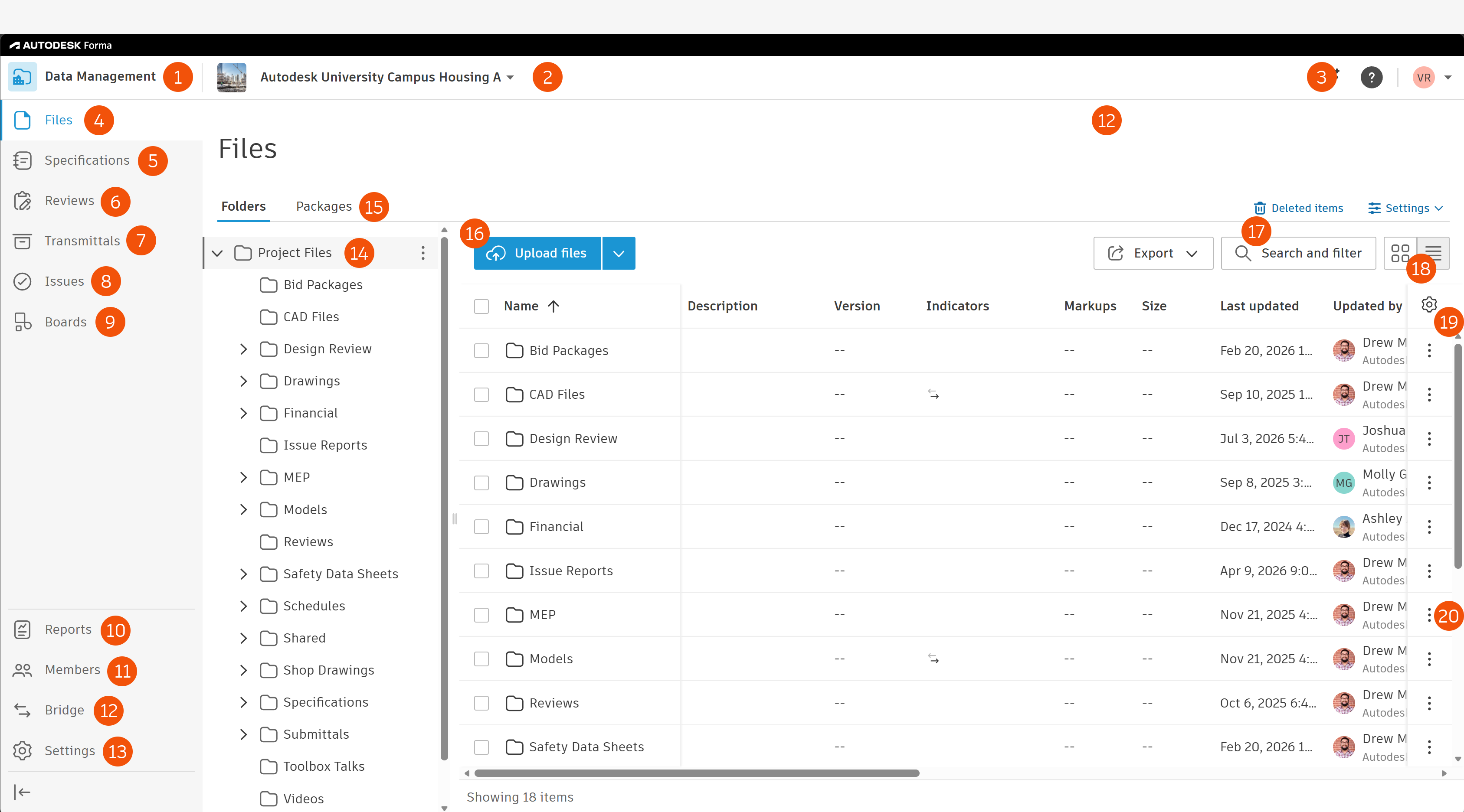 Annotated Data Management interface showing project tools, folders, upload controls, search and filter, view controls, and file management actions.