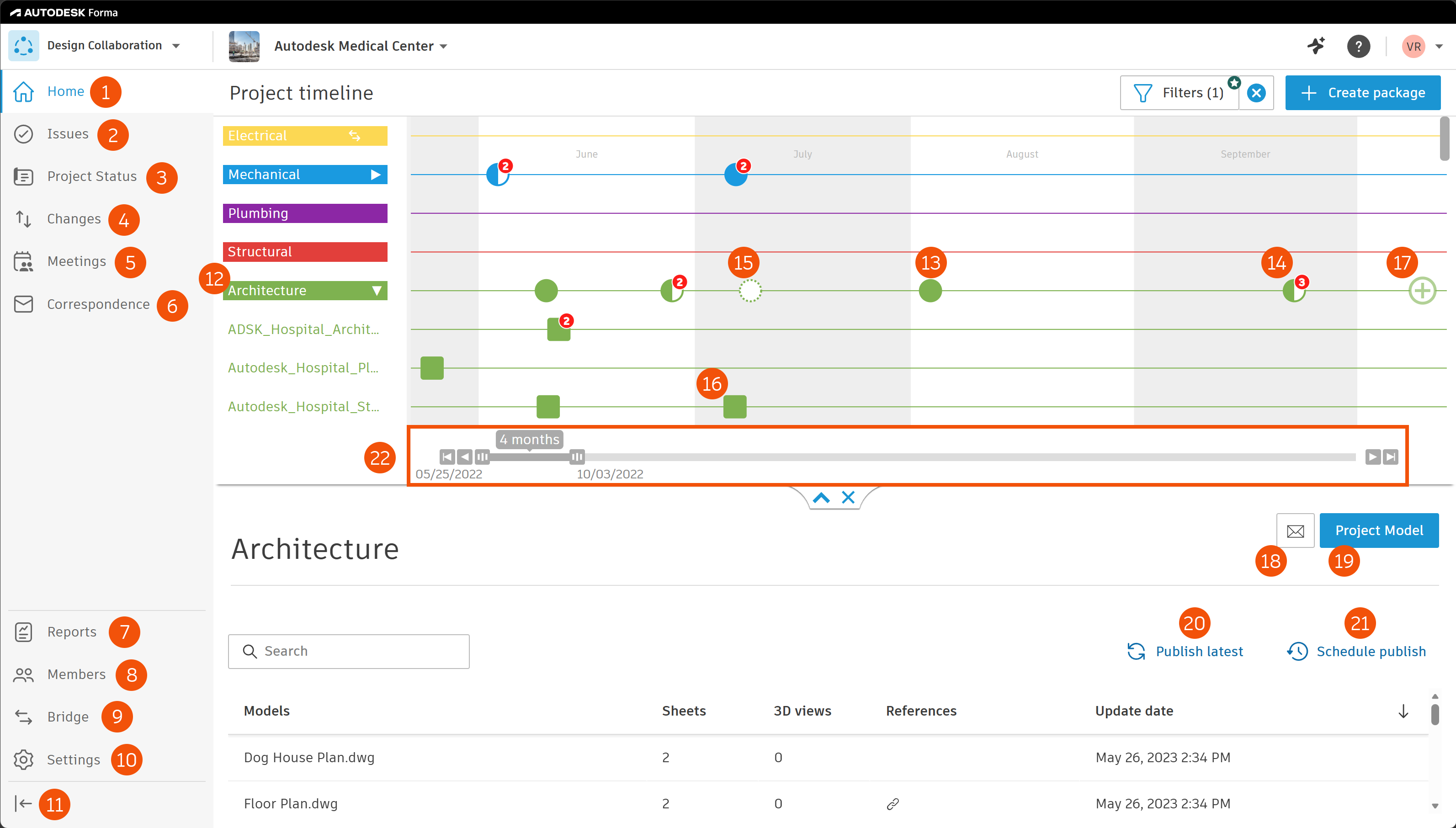 Annotated Design Collaboration interface showing the project timeline, navigation tools, package states, project model, publish controls, and timespan.
