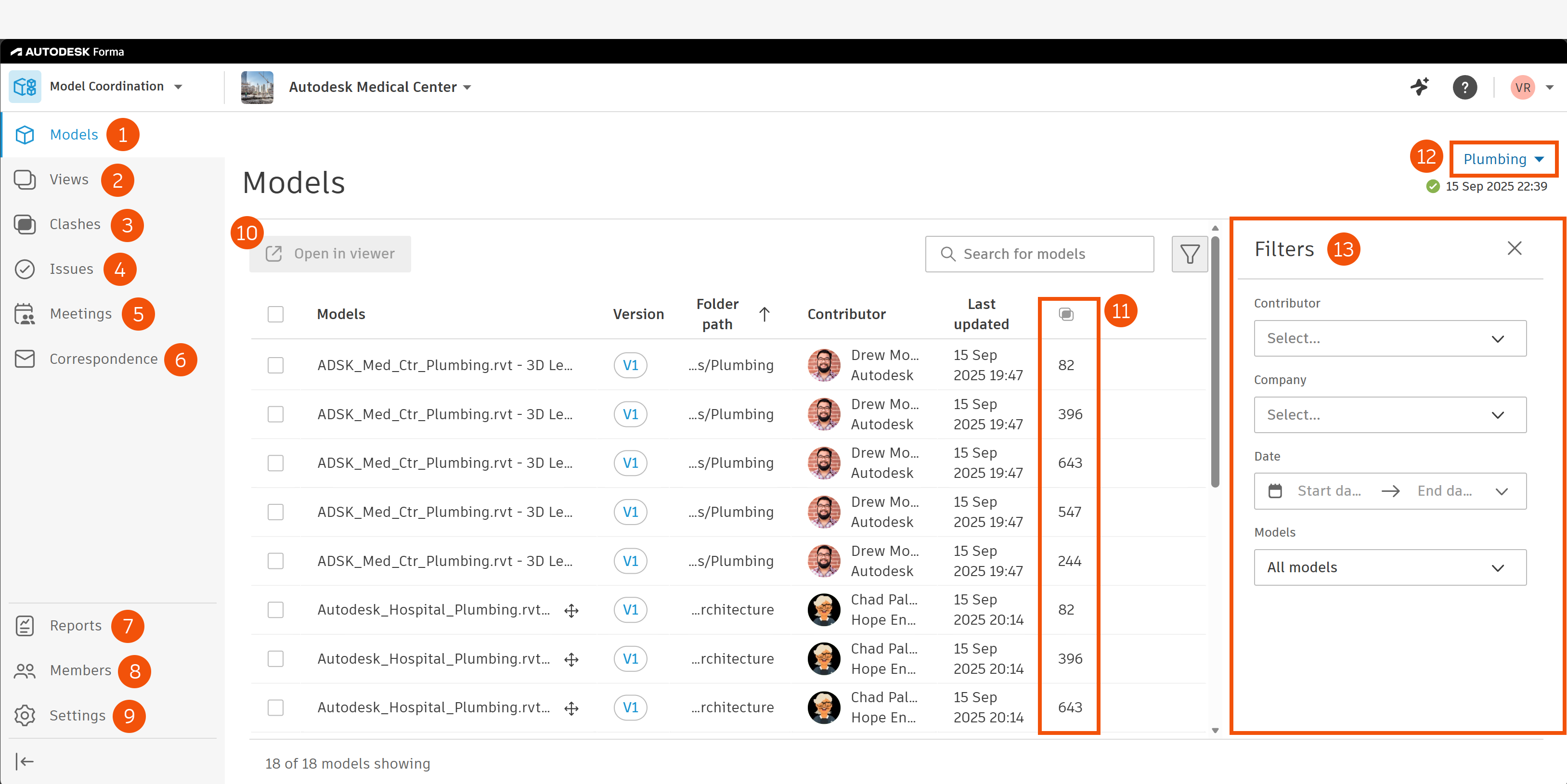 Annotated Model Coordination interface showing navigation tools, clash counts, the coordination space picker, and filters panel.