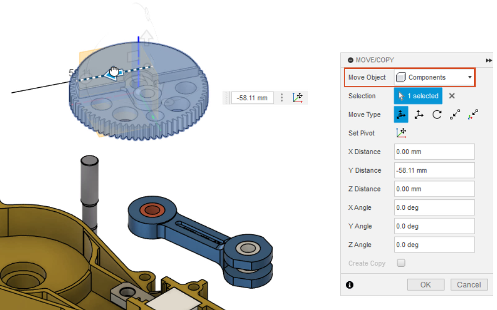 In the Move/Copy dialog box, Move Object set to Components, and on the canvas, the gear part being moved to show that the origin and everything within the component moves together.