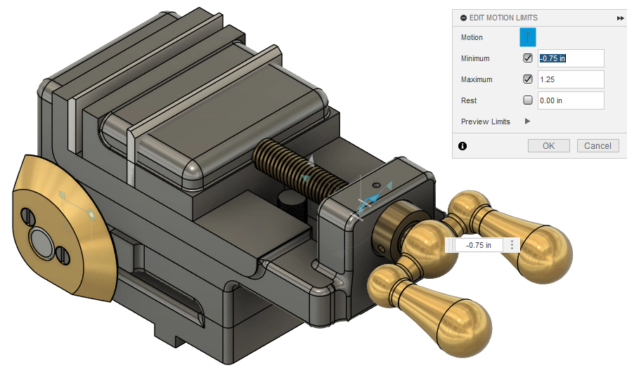 The vise assembly for this example, with Minimum and Maximum motion limits set in the Edit Motion Limits dialog box, and in the model, flags indicating active limits.