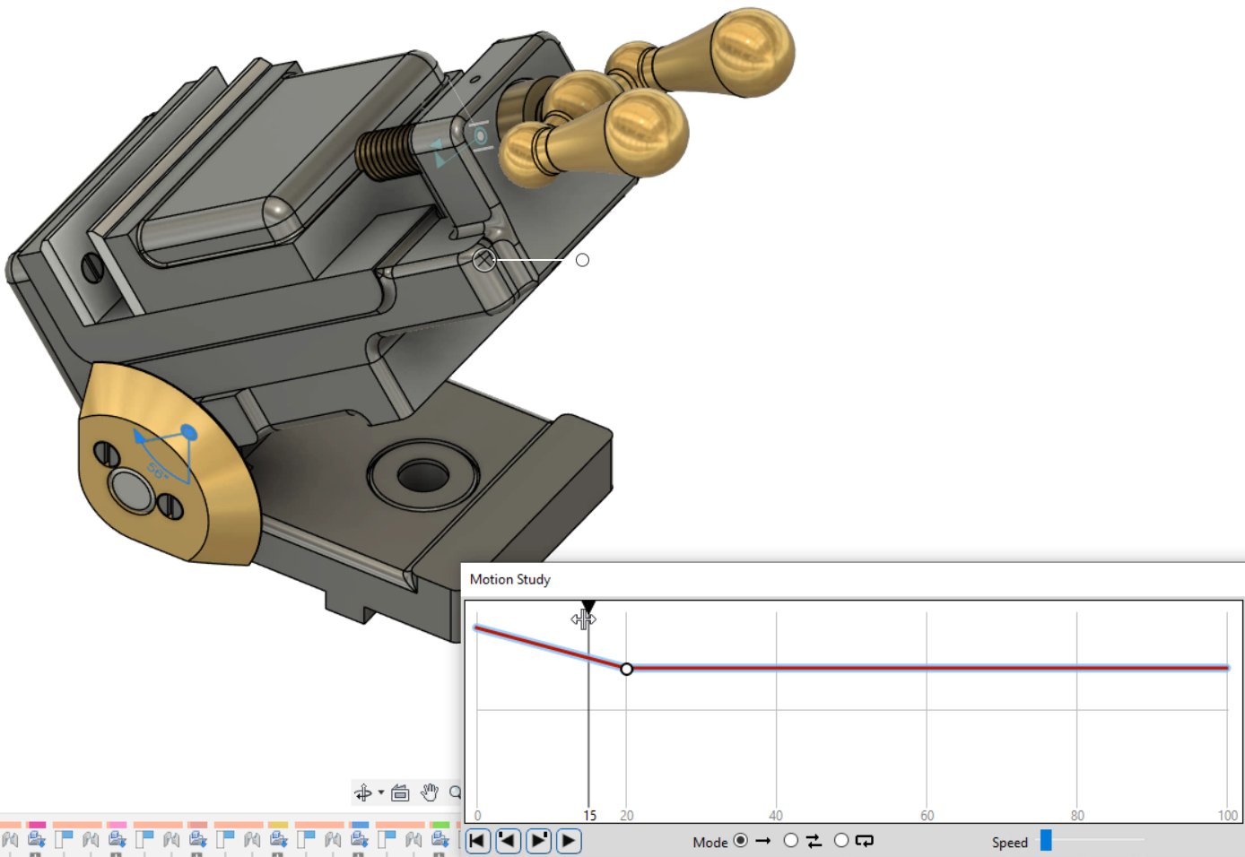 On the canvas, the changed angle of the vise, and in the Motion Study dialog box, the playhead being dragged to simulate motion.