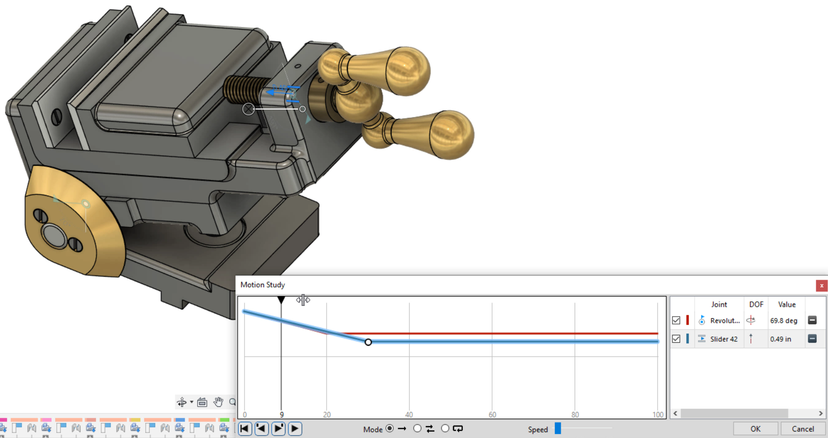 In the Motion Study dialog box, the playhead being dragged to simulate motion, and on the canvas, movement indicated by the changed vise angle and rotated slider handle.