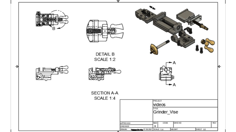 A finished drawing with base, projected, detail, and exploded views.