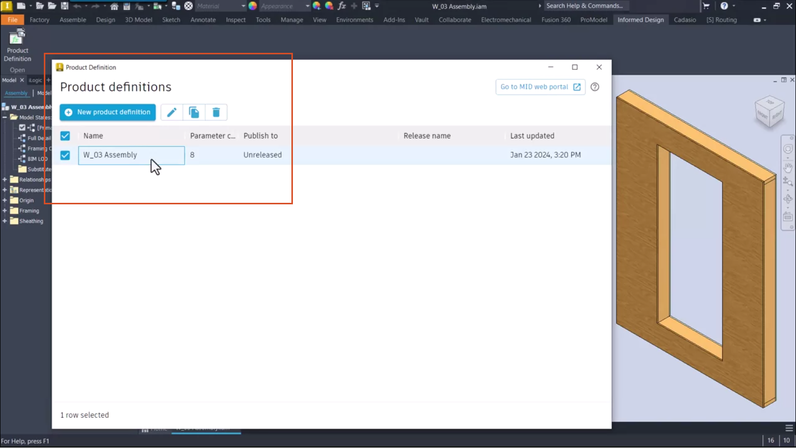 AVRF_adpt_M01U01_intro_prdct_dfntns_001.webp In Inventor, with the Informed Design environment active, the Product Definitions dialog is open, and the assembly file associated with the base model is being selected.&nbsp;