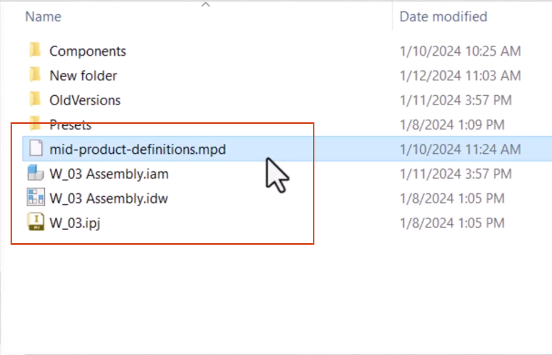 AVRF_adpt_M01U01_intro_prdct_dfntns_003.webp A view of a file explorer with the default mid-product-definitions.mpd being selected within a highlight window, with the associated Inventor files listed below it.&nbsp;