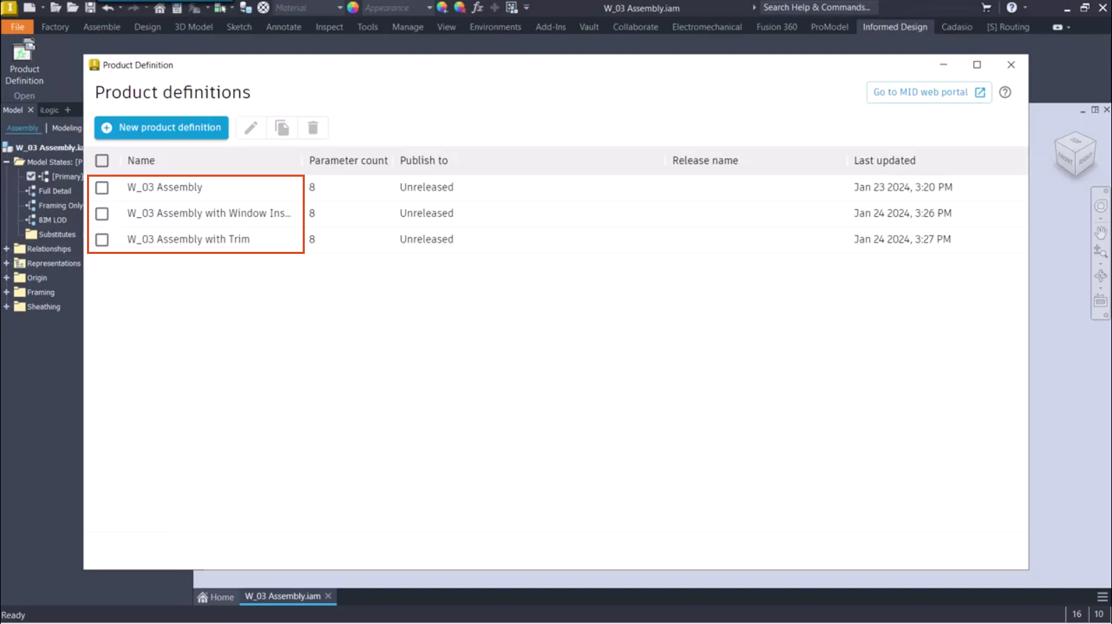 AVRF_adpt_M01U01_intro_prdct_dfntns_004.webp The Inventor interface in the background, with the Product definitions dialog open and multiple product definitions highlighted.&nbsp;