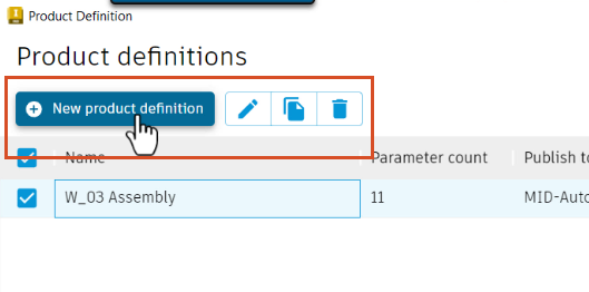 AVRF_adpt_M01U01_intro_prdct_dfntns_006.webp The Product definitions dialog box, with New product definition being selected, and the whole toolbar highlighted in red to show the edit, duplicate, and delete functions as well.&nbsp;