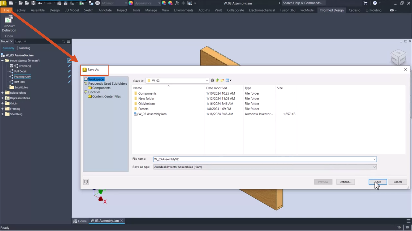 AVRF_adpt_M01U01_intro_prdct_dfntns_007.webp The Inventor interface, with the Save As dialog open in the foreground, and an arrow leading from the File menu. In the Save As dialog, the assembly file has been renamed and is being saved.&nbsp;