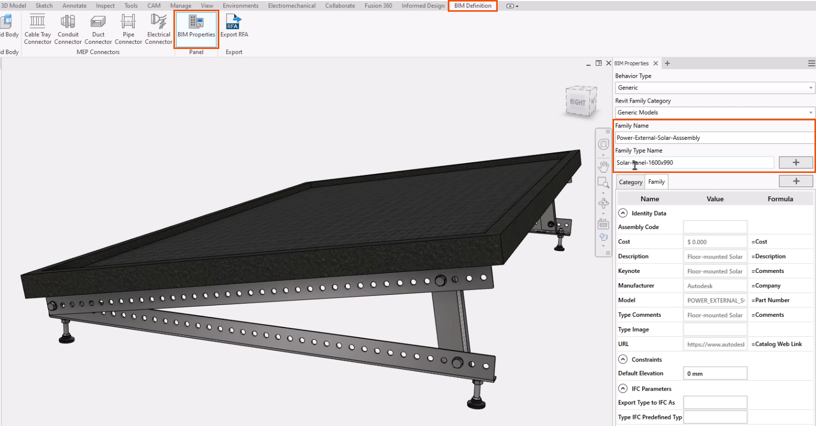On the Inventor ribbon, the BIM Definition tab and BIM Properties highlighted in red. In the BIM Properties panel, the Family Name and Family Type Name fields highlighted in red.