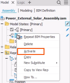 In the model browser, on the Assembly tab, the context menu for the BIM model state expanded, with Activate highlighted in red.