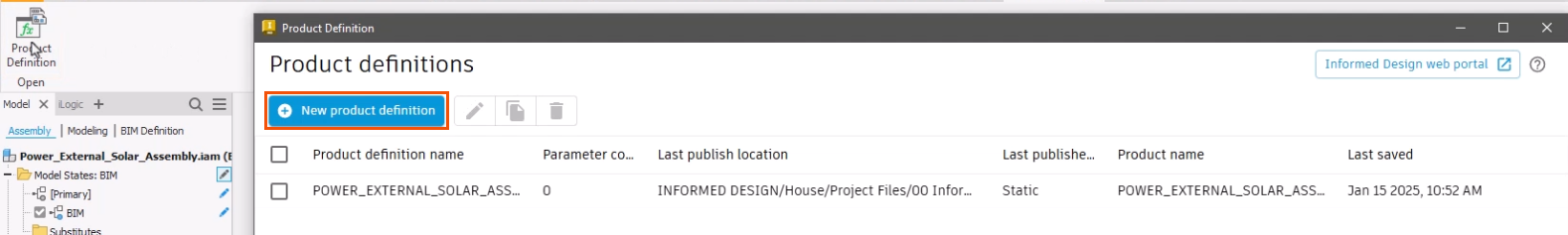 On the Informed Design tab of the ribbon, the mouse pointer hovering over the Product Definition option, and in the resulting Product definition dialog box, New product definition highlighted in red.
