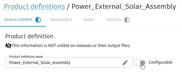 On the Source content tab, Configurable toggled off, with the symbol for required steps appearing only on the Source content and Outputs tabs.