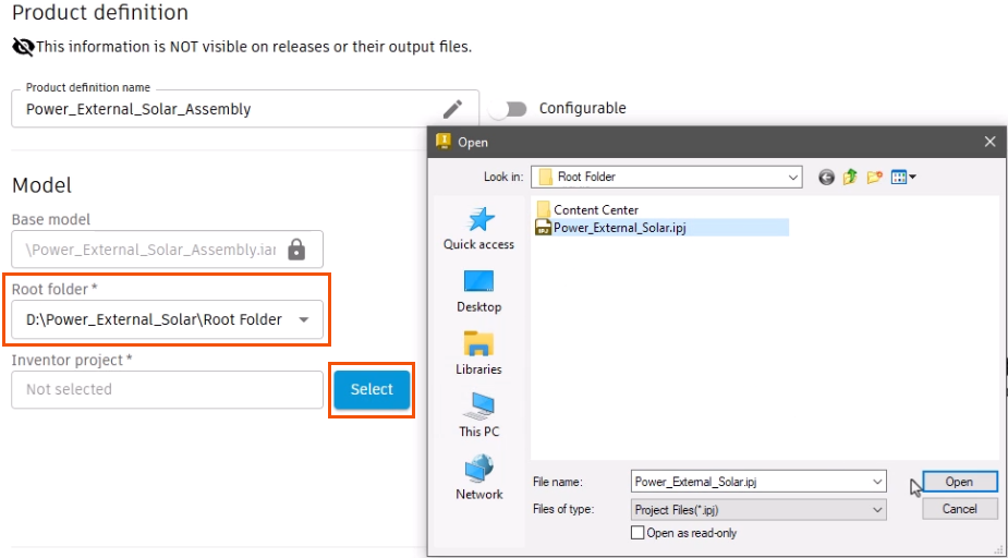 On the Source content tab, the Root folder and the Select button for the Inventor project highlighted in red; and in the Open dialog box, the Inventor project file selected.