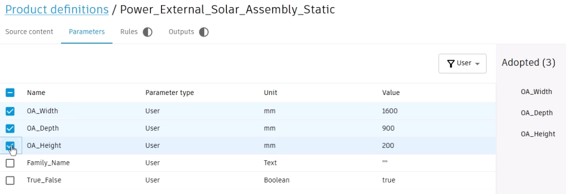 On the Parameters tab, three parameters selected and added to the Adopted list.