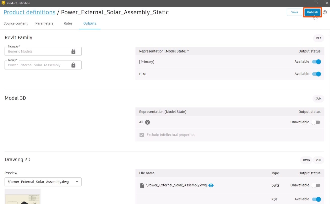 On the Outputs tab, several representations toggled to Available and the Publish button highlighted in red.