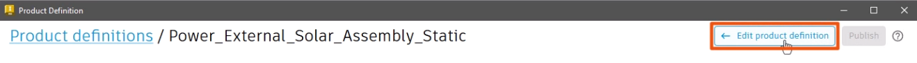 Next to the Publish button, the Edit product definition option highlighted in red.