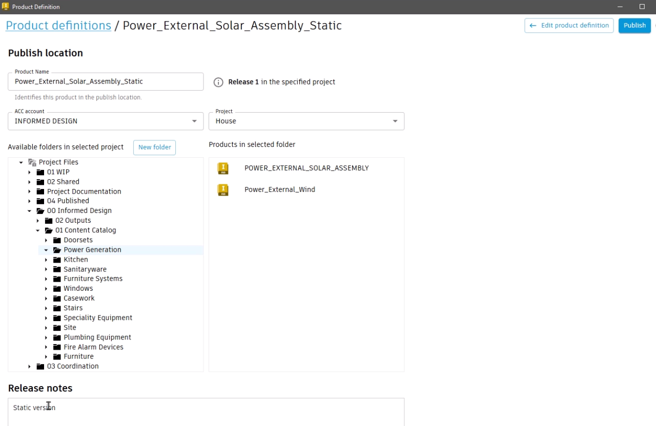 Under Publish location, the ACC account, Project and appropriate folder selected, with an added Release note to indicate that this is the “Static version”.