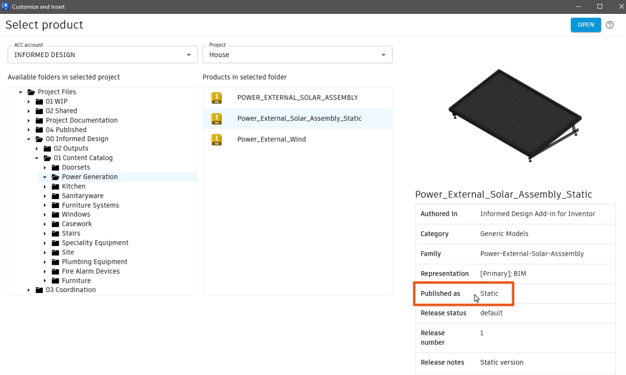 In Revit, in the Customize and Insert dialog box, the product information selected, with Published as Static highlighted in red.