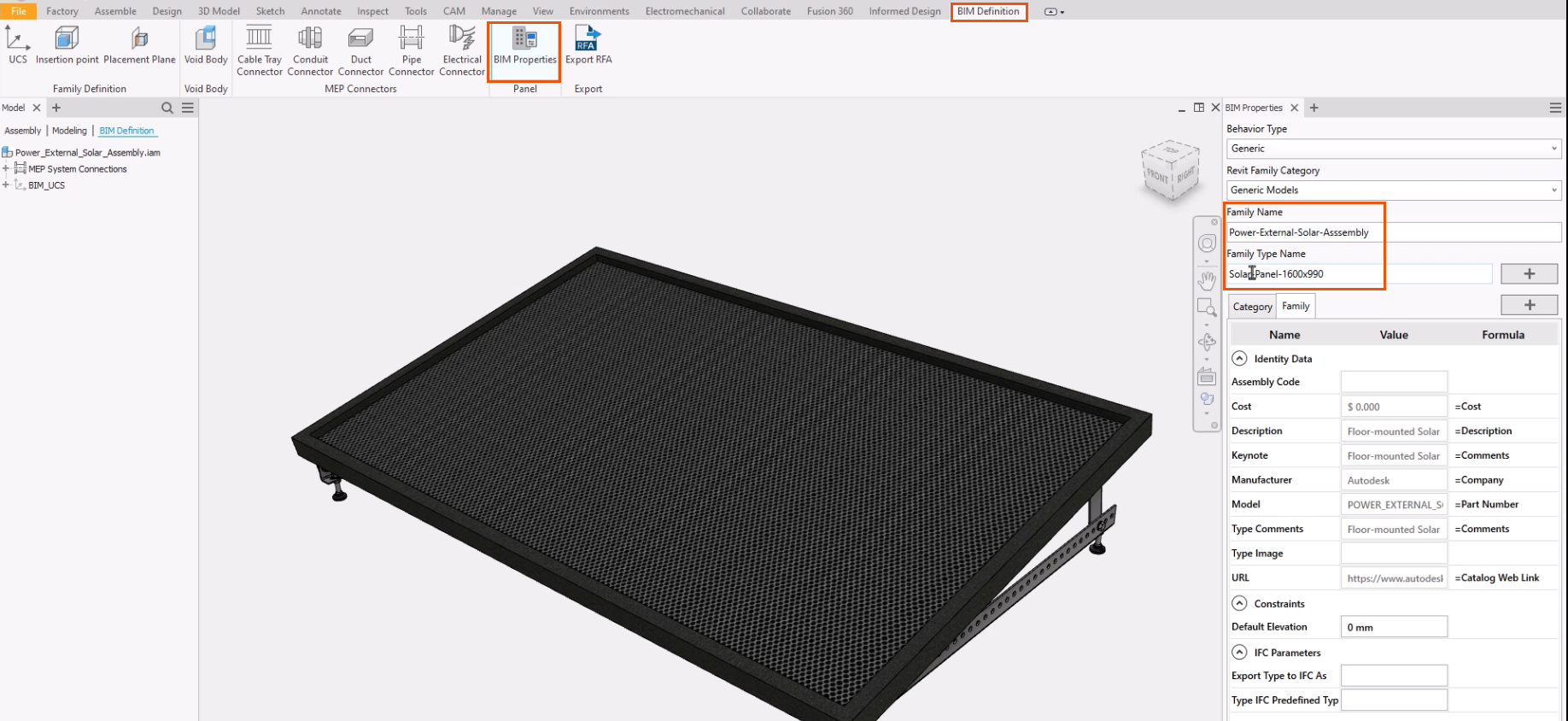 In the Inventor interface, on the ribbon, the BIM Definition tab and BIM Properties highlighted in red. In the BIM Properties panel, the required fields for Family Name and Family Type Name highlighted in red.