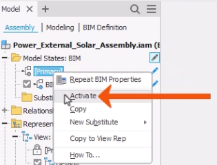 In the model browser, on the Assembly tab, the context menu for the [Primary] model state expanded, with Activate selected.