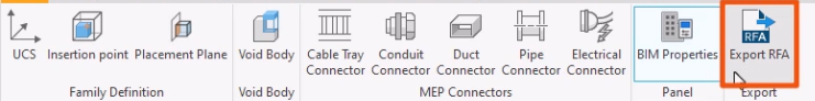 On the ribbon, Export RFA highlighted in red and being selected.