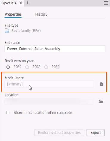 In the Export RFA dialog box, the Model state field highlighted in red, with a dimmed value indicating that it is not editable.