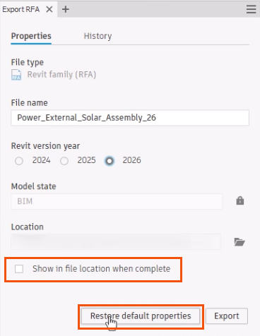 In the Export RFA dialog box, the File name and Revit version year selected for this example, with options to Show in file location when complete and Restore default properties highlighted in red.