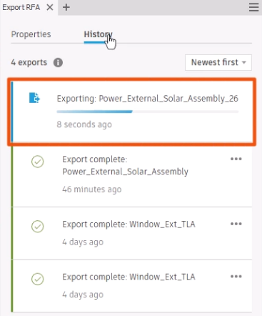The Export RFA dialog box open to the History tab, with the current export progress highlighted in red at the top of the list.