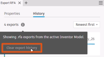 On the History tab, the information message displayed with Clear export history being selected.