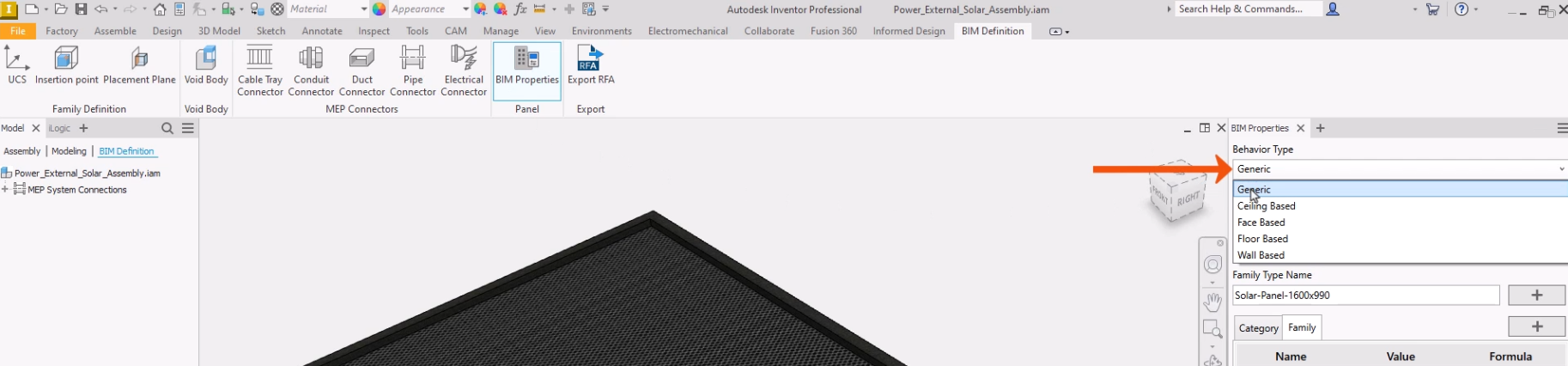 In the open Inventor assembly for this example, BIM Properties selected on the BIM Definition ribbon tab; and in the BIM Properties panel, the Behavior Type being set to Generic.