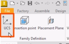 In a zoomed-in view of the Family Definition panel, the UCS option being selected and highlighted in red.