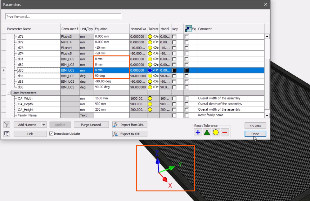 In the Parameter dialog box, the updated Equation values for Parameters d81 through d84 highlighted in red, and in the graphics window, the updated position of the UCS highlighted in red.