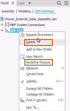 In the BIM Definition browser, the BIM UCS context menu expanded, with Delete and Redefine Feature highlighted in red.