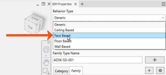 The BIM Properties panel, with Face Based selected for the Behavior Type.