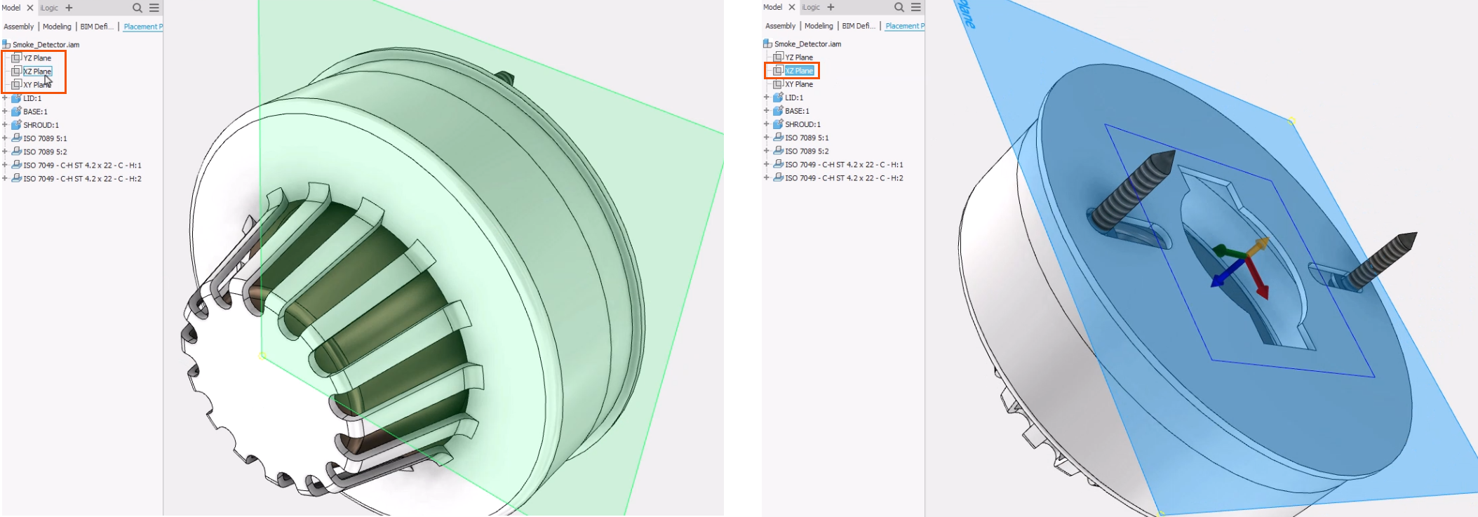 On the left, the cursor hovering over one of three highlighted work planes in the browser, with that plane displayed in green in the preview. On the right, the XZ plane selected and highlighted in the browser, with the plane displayed in blue in the preview.