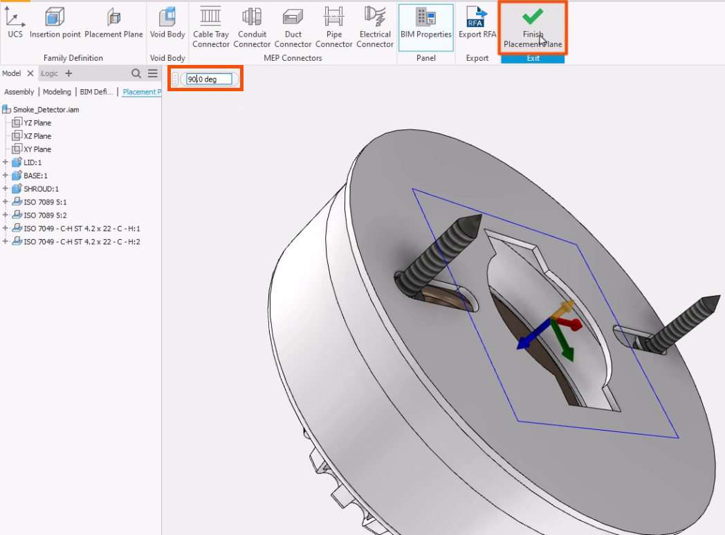 In the input box, the angle of the UCS adjusted to 90 degrees and highlighted in red, and on the ribbon, Finish Placement Plane highlighted in red.