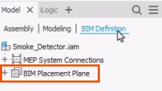 The BIM Definition browser, with the BIM Placement Plane highlighted.