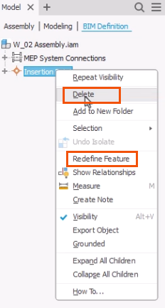 In the BIM Definition browser, the context menu expanded for the new Insertion point, with Delete and Redefine Feature highlighted in red.
